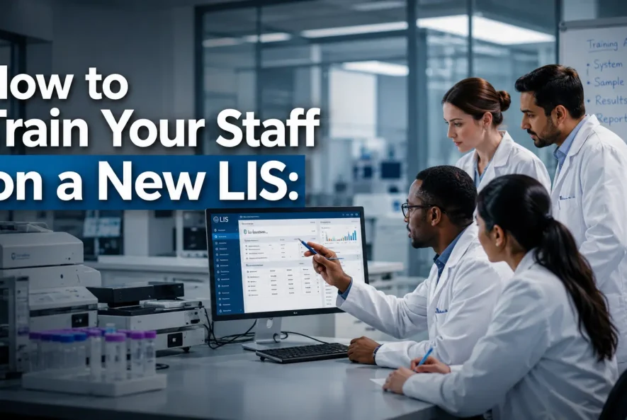 Lab staff member training on a new laboratory information system