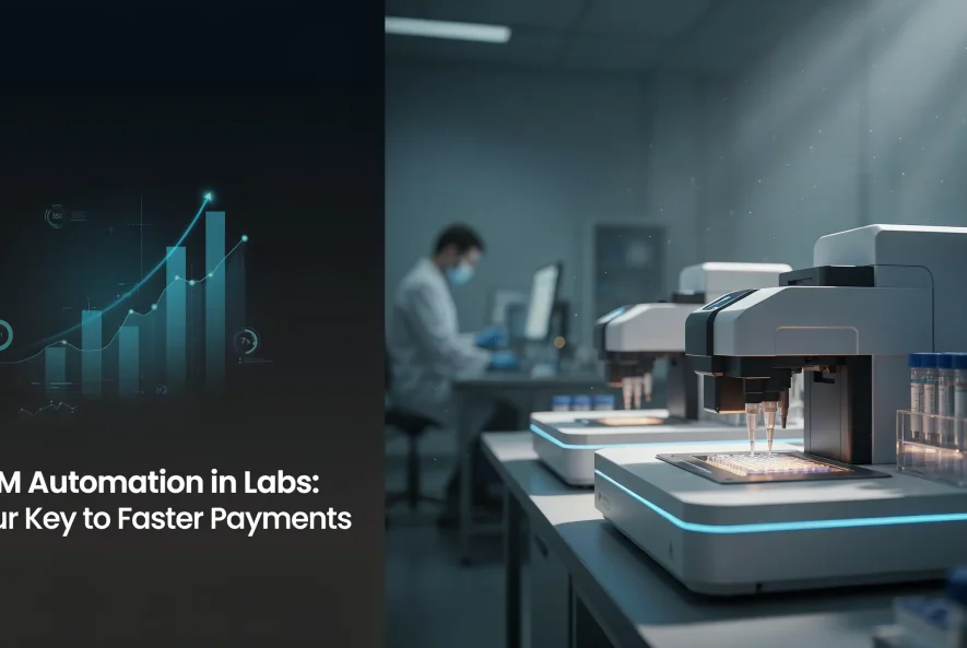 Laboratory staff reviewing RCM automation dashboard for faster claim payments