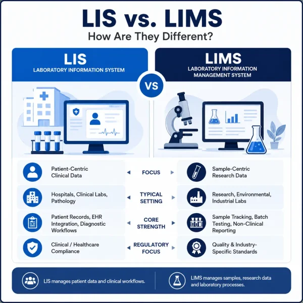 Visual comparison of Laboratory Information System (LIS) and Laboratory Information Management System (LIMS) showing patient-centric clinical workflows versus sample-centric laboratory management, research, specimen tracking, quality control, and reporting.