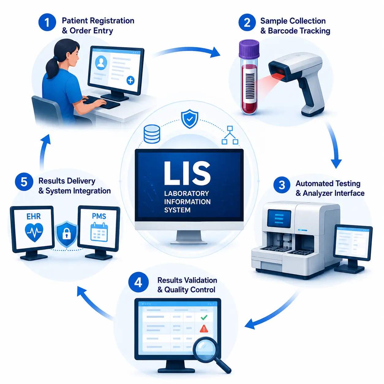 LIS system workflow diagram showing 5 stages test order intake, specimen collection and chain-of-custody, analyzer integration, quality control, and automated result reporting to EHR